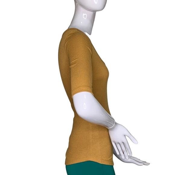 Gap NWT Ribbed Top Size XS 3/4 Sleeve Wide Round Neckline Mustard Yellow Fitted - Picture 6 of 10